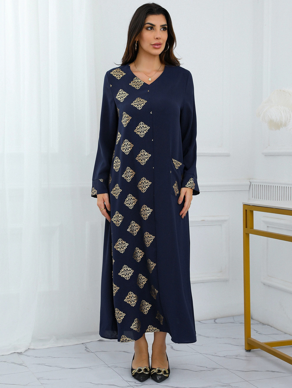 ZARA Elegant Gold Foil Long Sleeve Maxi Robe Dress New Arrival